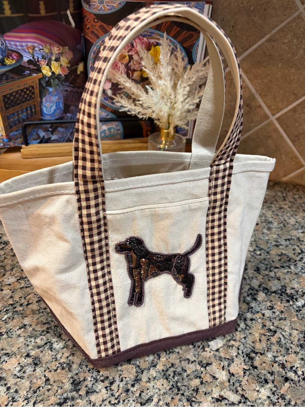 Anthropology Canvas Dog Tote Bag with Brown Check Handles